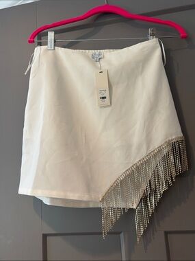 Blue Rain White Asymmetrical Mini Skirt with Crystal Fringe Detail